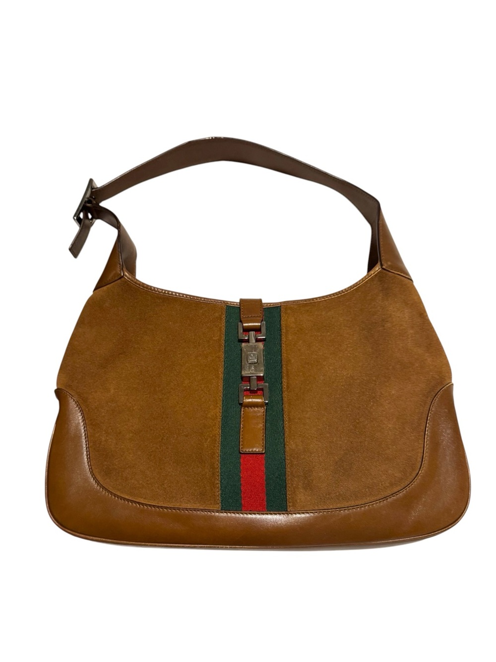Gucci Suede Small Jackie 1961 Hobo One Shoulder Bag Camel Brown Web Accent